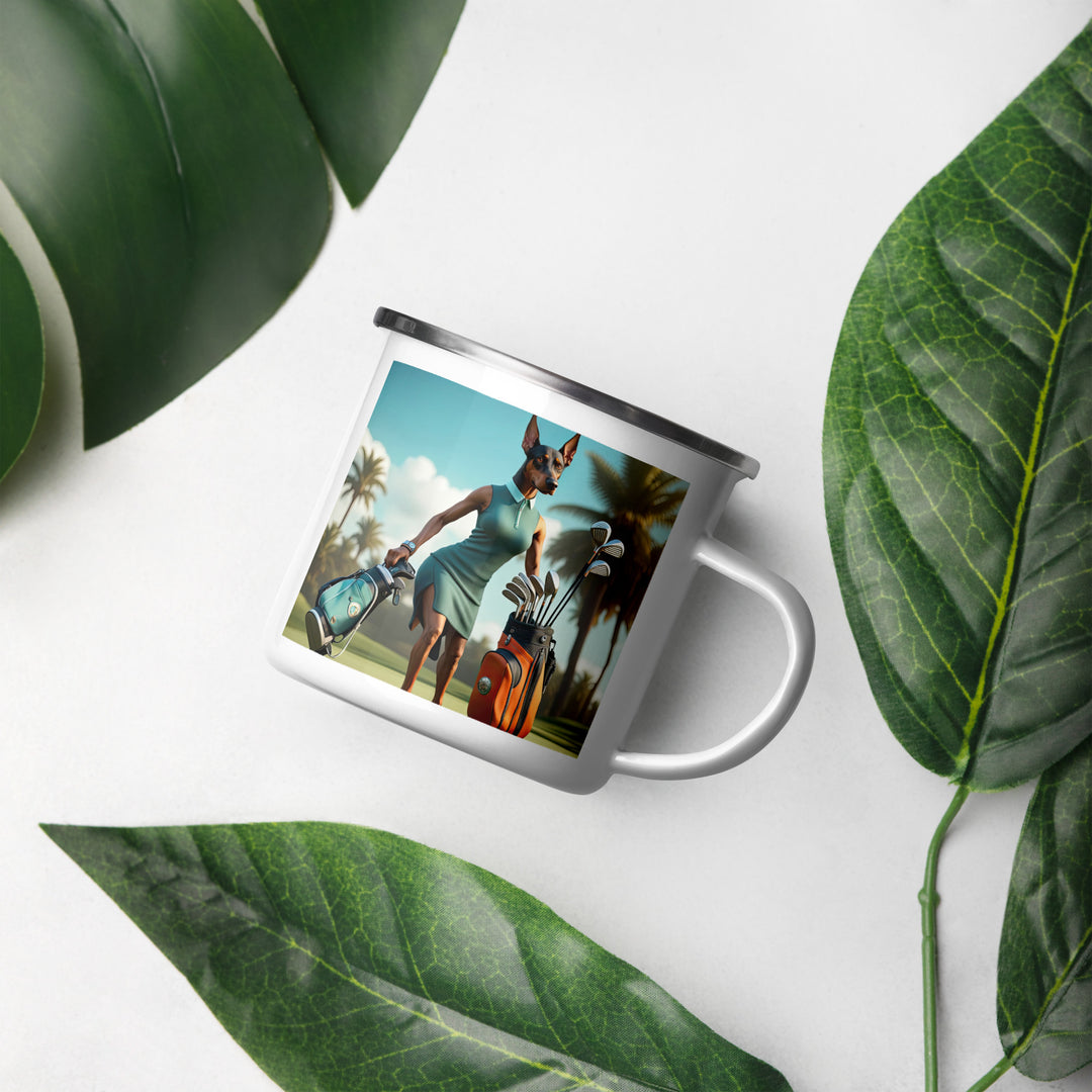 Doberman Pinscher Golfer- Enamel Mug v2