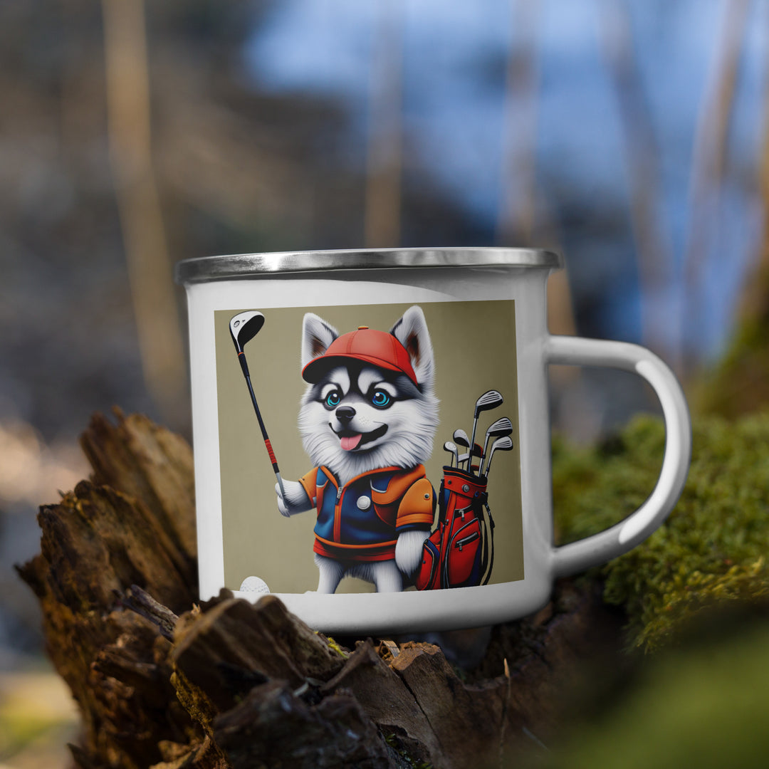 Pomsky Golfer- Enamel Mug v14