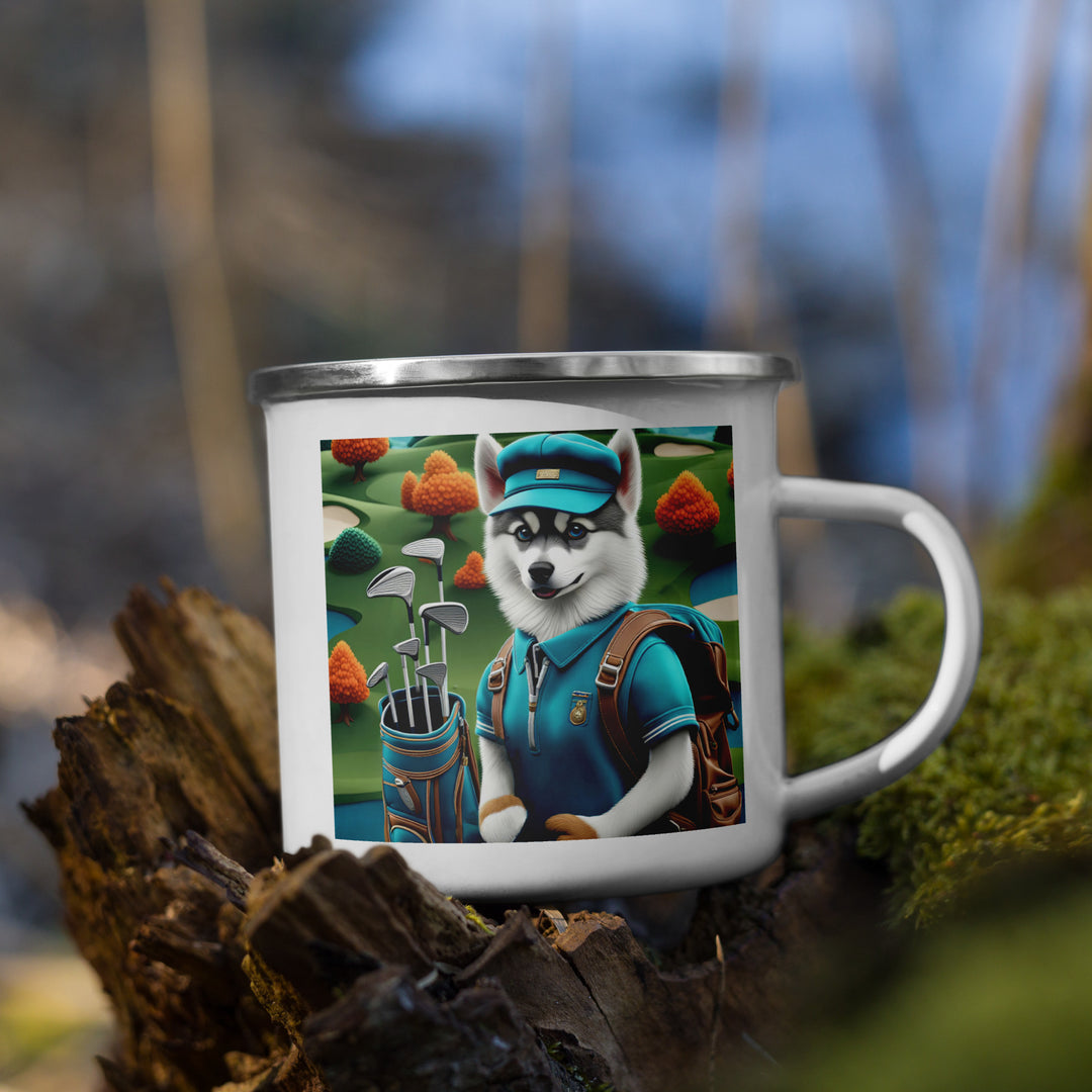 Pomsky Golfer- Enamel Mug v15