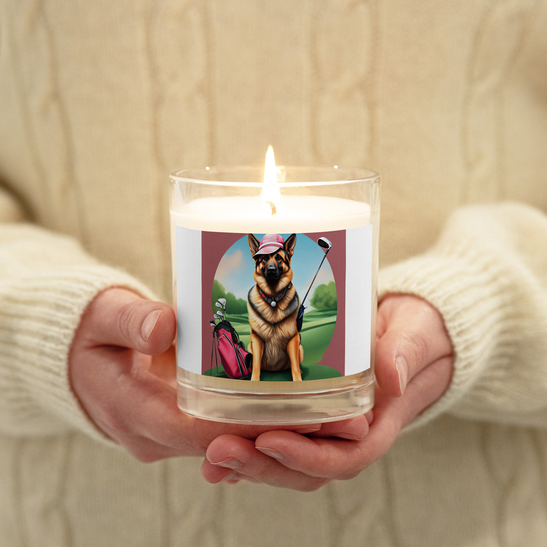 German Shepherd Golfer- Glass jar soy wax candle v3