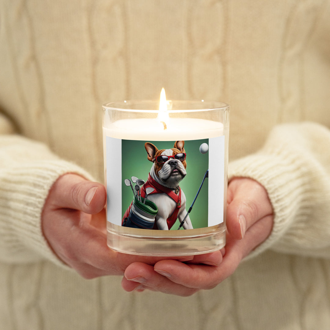 Bulldog Golfer- Glass jar soy wax candle v2