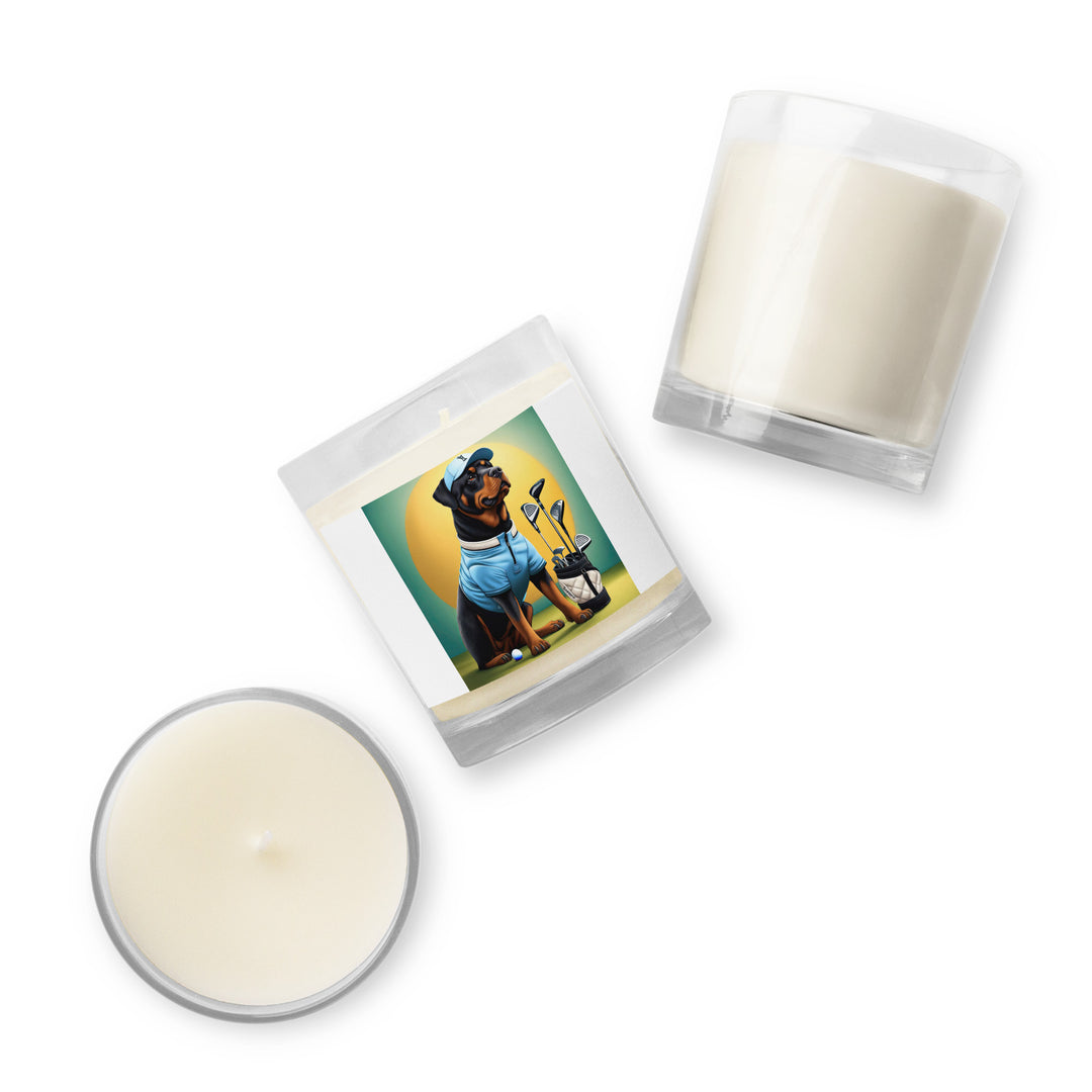 Rottweiler Golfer- Glass jar soy wax candle v2