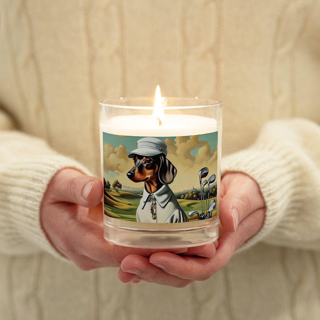 Dachshund Golfer- Glass jar soy wax candle v3