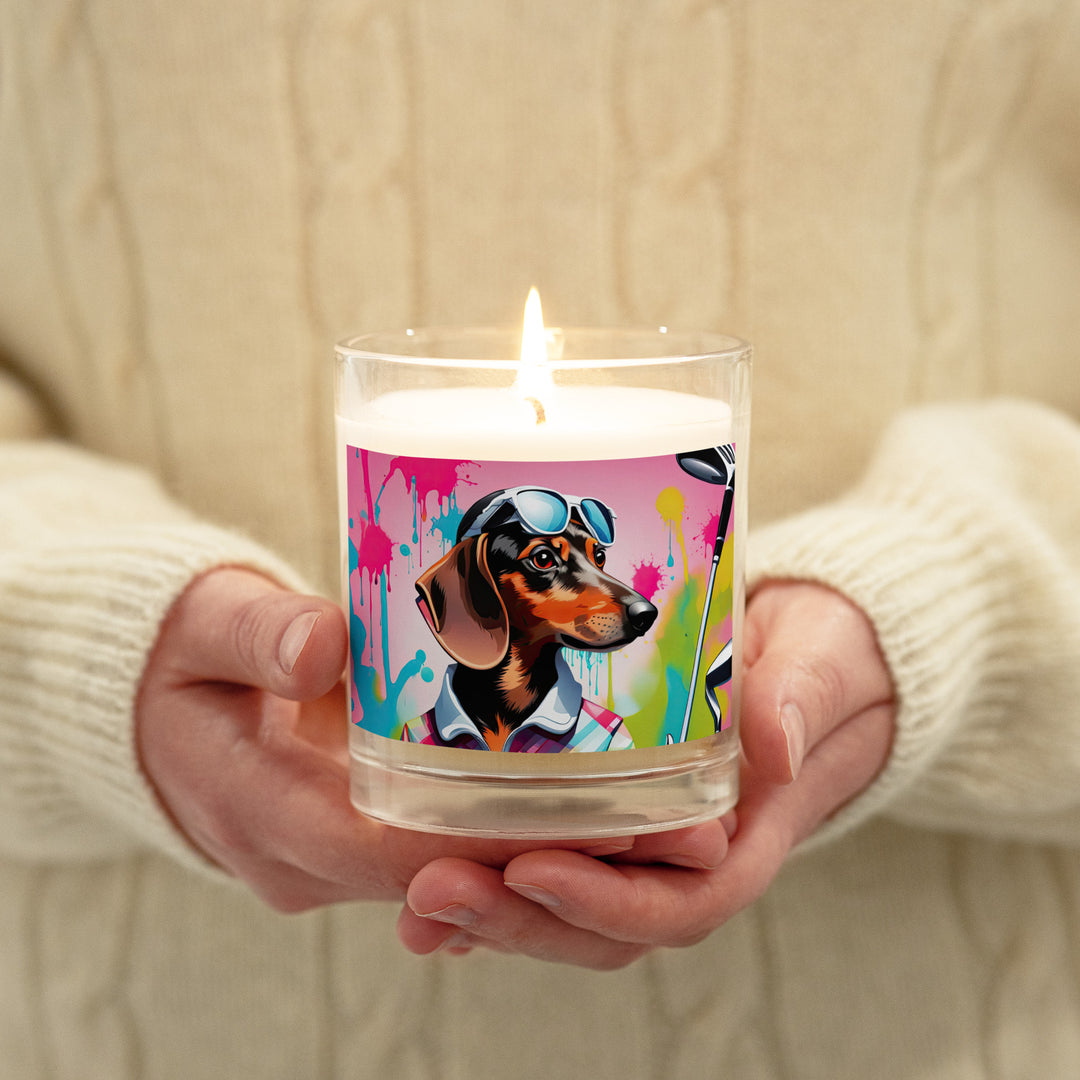 Dachshund Golfer- Glass jar soy wax candle v4