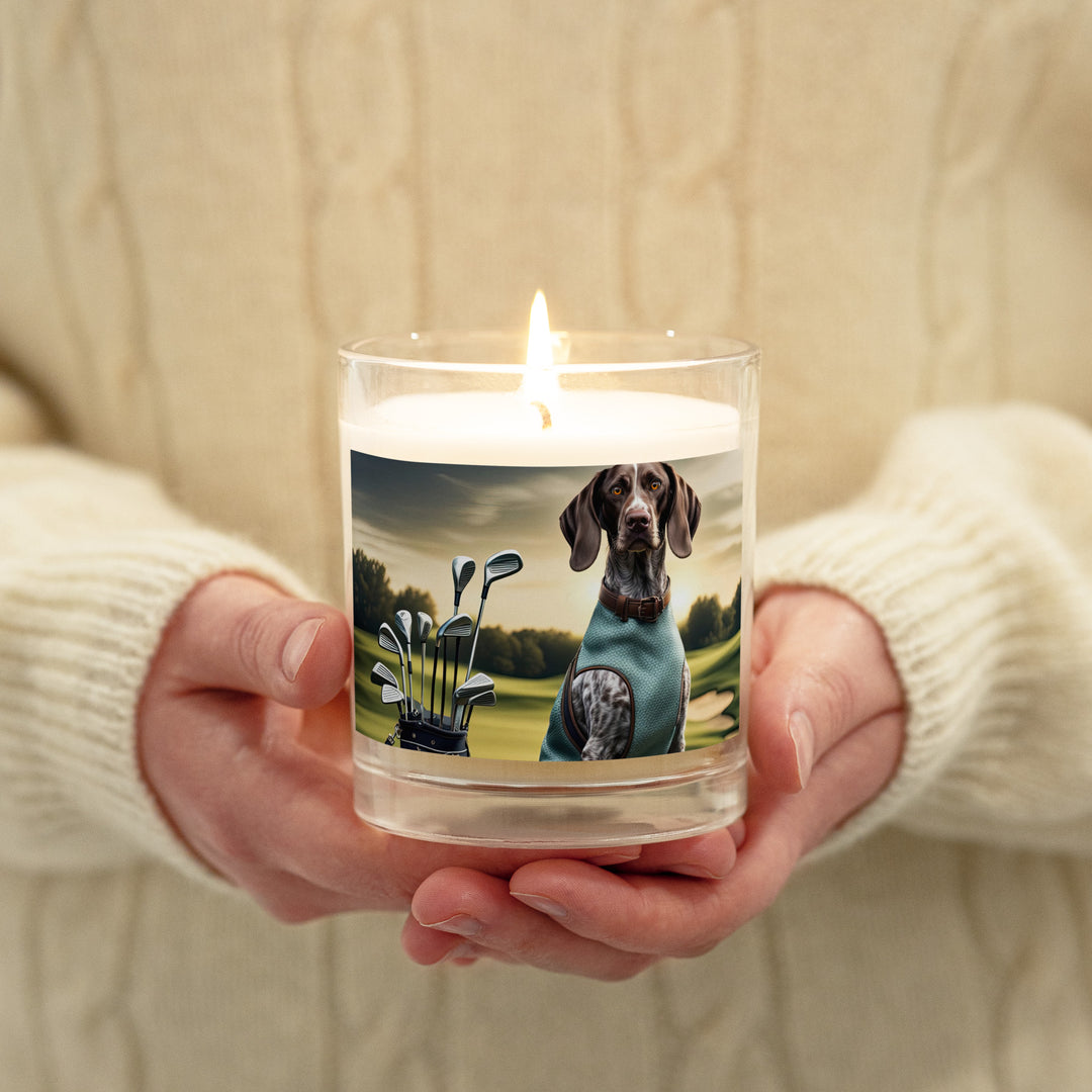 German Shorthaired Pointer Golfer- Glass jar soy wax candle v2
