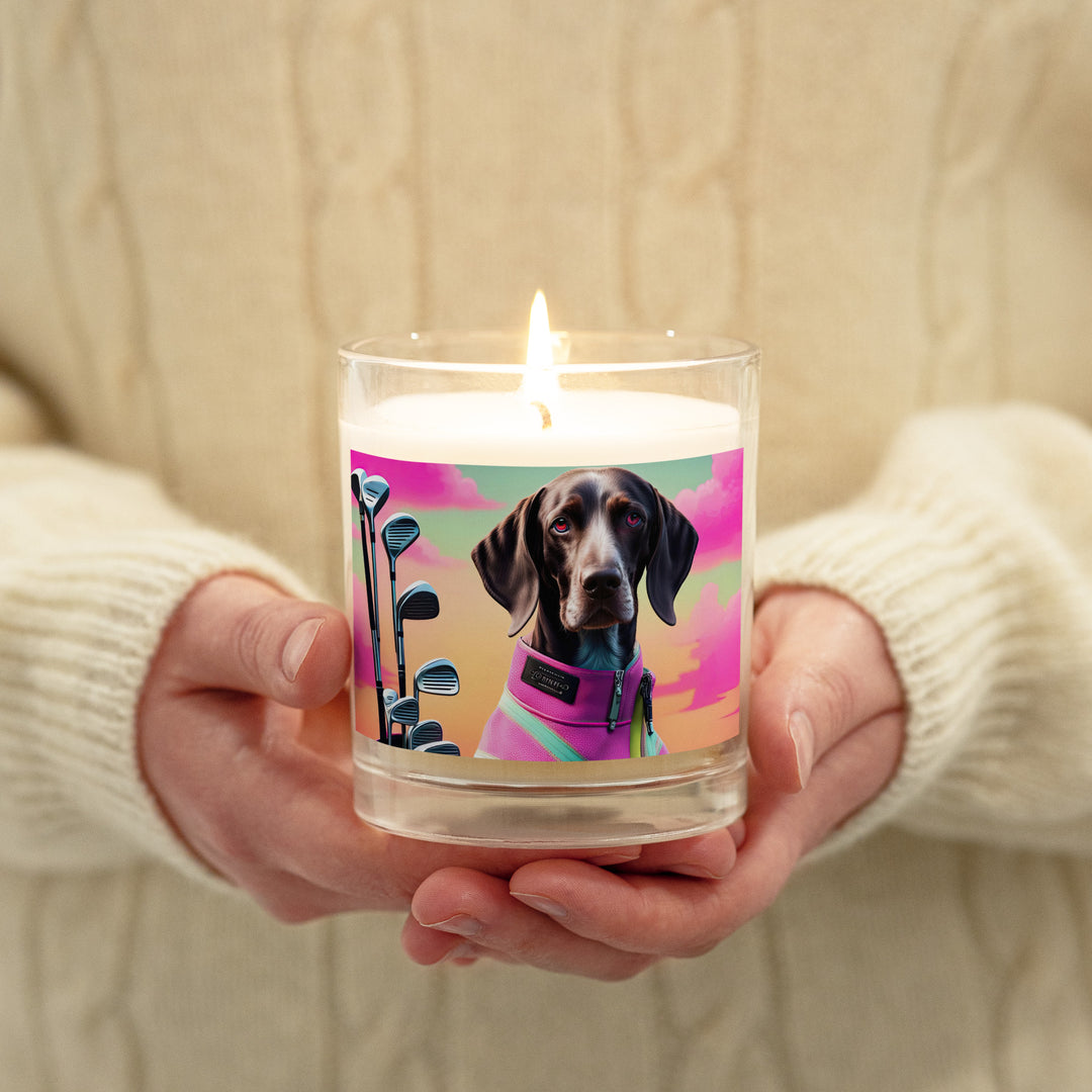 German Shorthaired Pointer Golfer- Glass jar soy wax candle v3