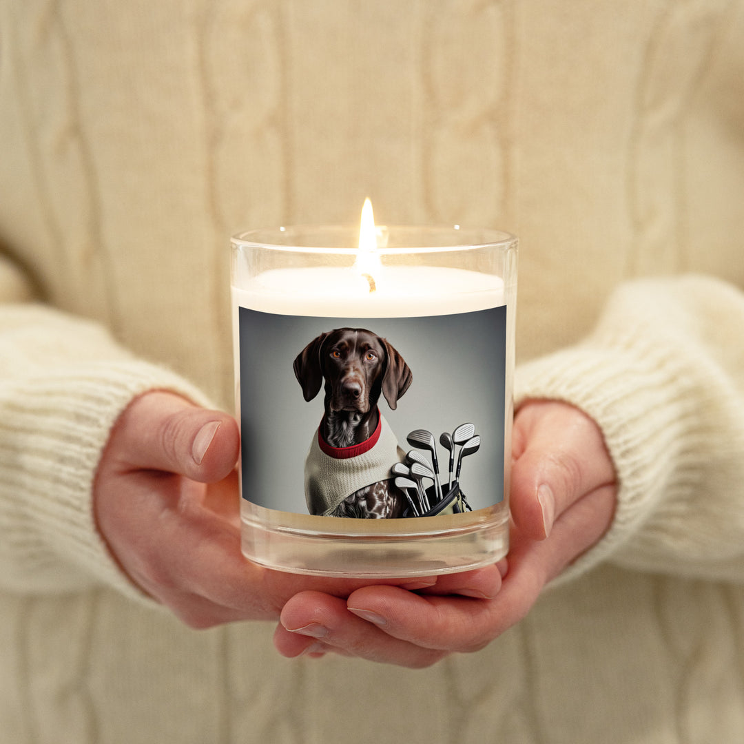 German Shorthaired Pointer Golfer- Glass jar soy wax candle v4