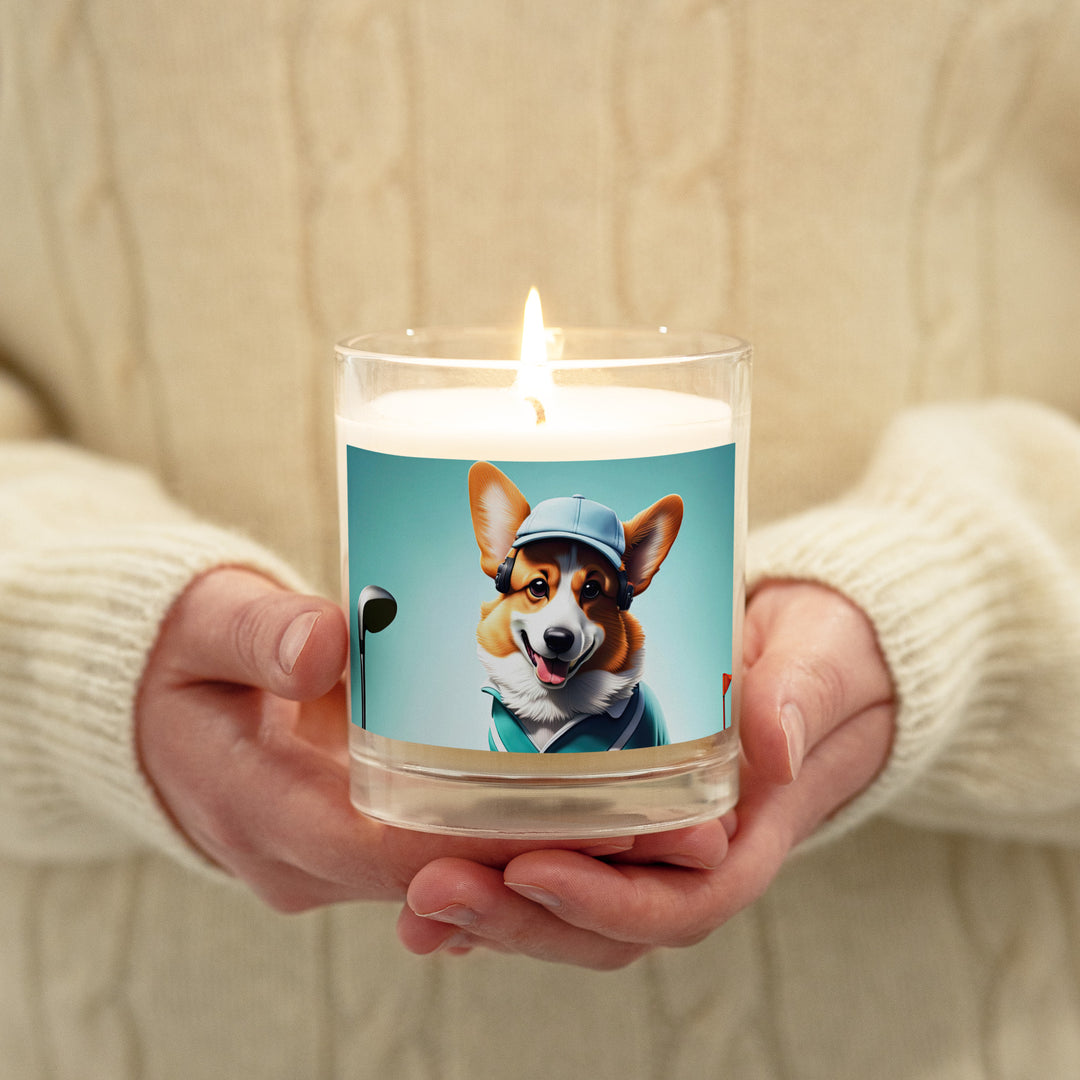 Pembroke Welsh Corgi Golfer- Glass jar soy wax candle