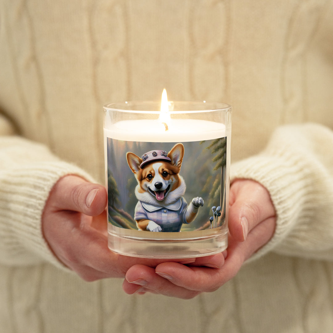 Pembroke Welsh Corgi Golfer- Glass jar soy wax candle v2