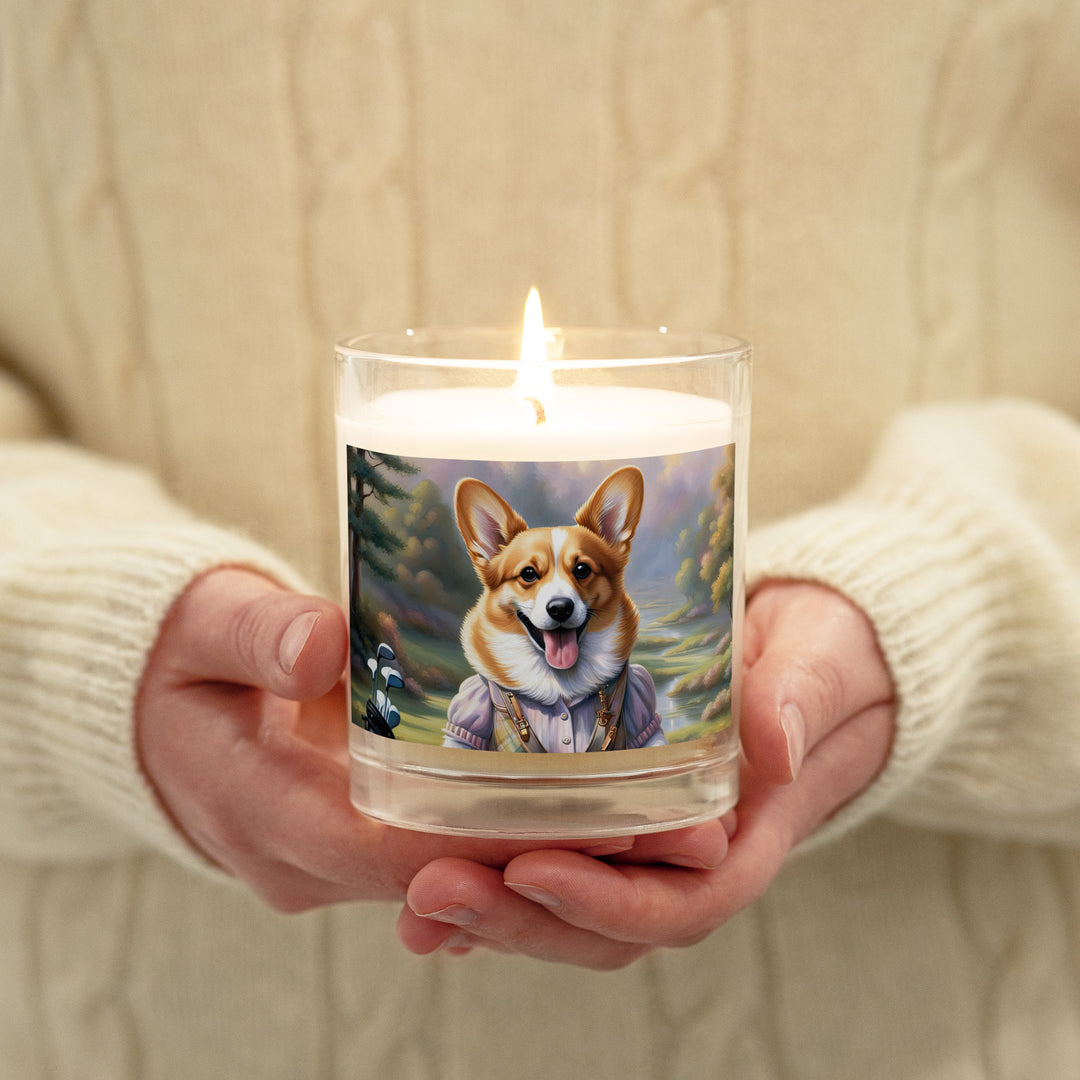 Pembroke Welsh Corgi Golfer- Glass jar soy wax candle v3