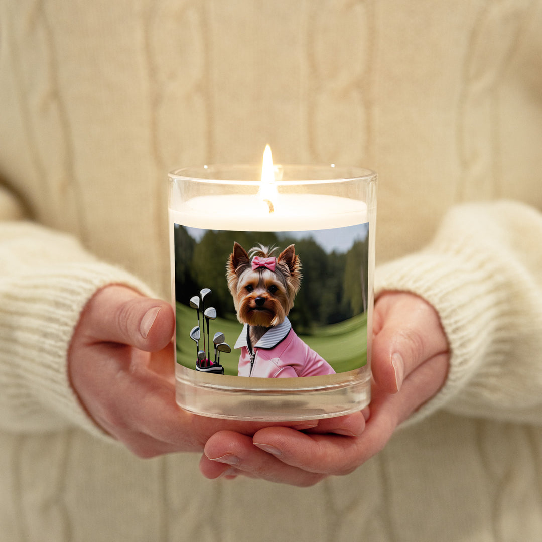 Yorkshire Terrier Golfer- Glass jar soy wax candle v2