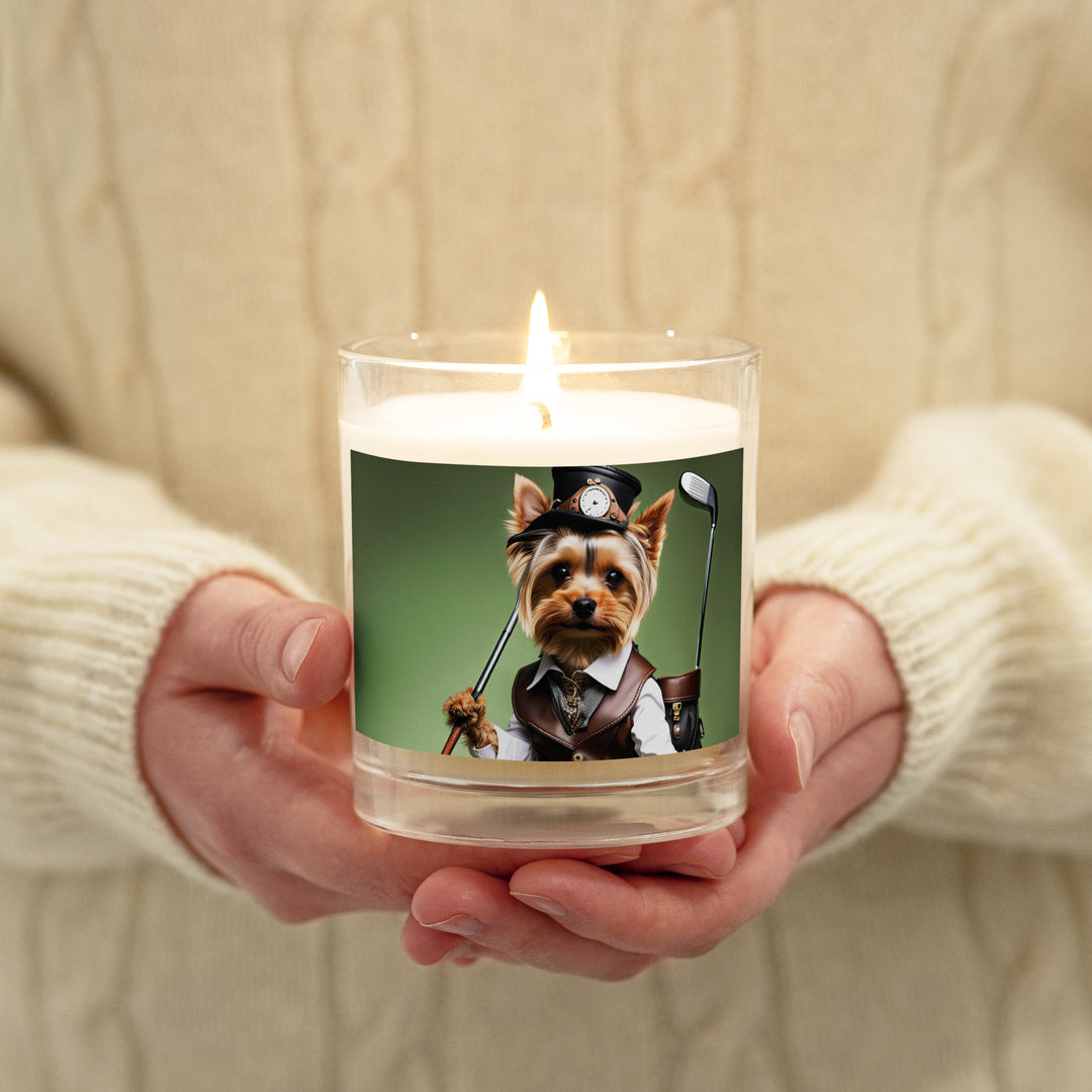 Yorkshire Terrier Golfer- Glass jar soy wax candle v4