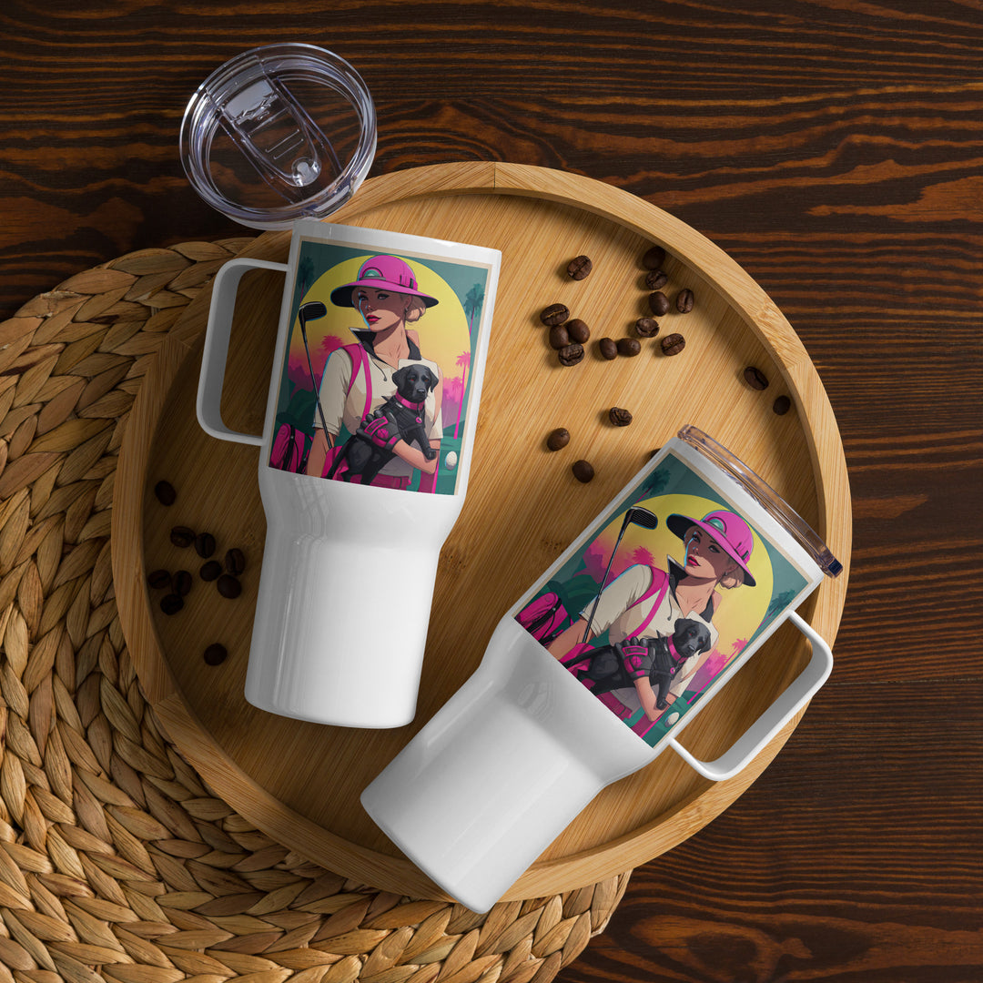 Travel mug with a handle-Labrador Retriever Golfer V6