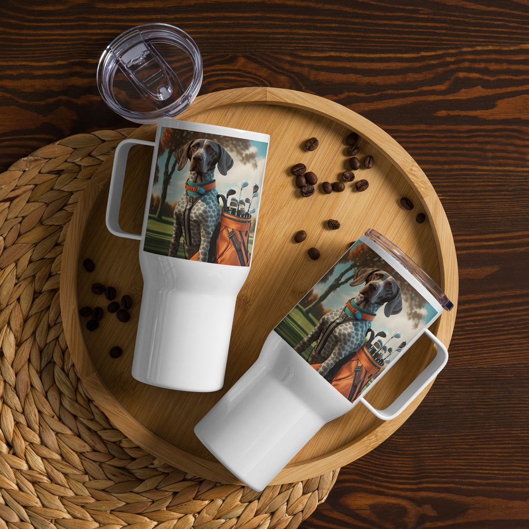 German Shorthaired Pointer Golfer- Travel mug with a handle