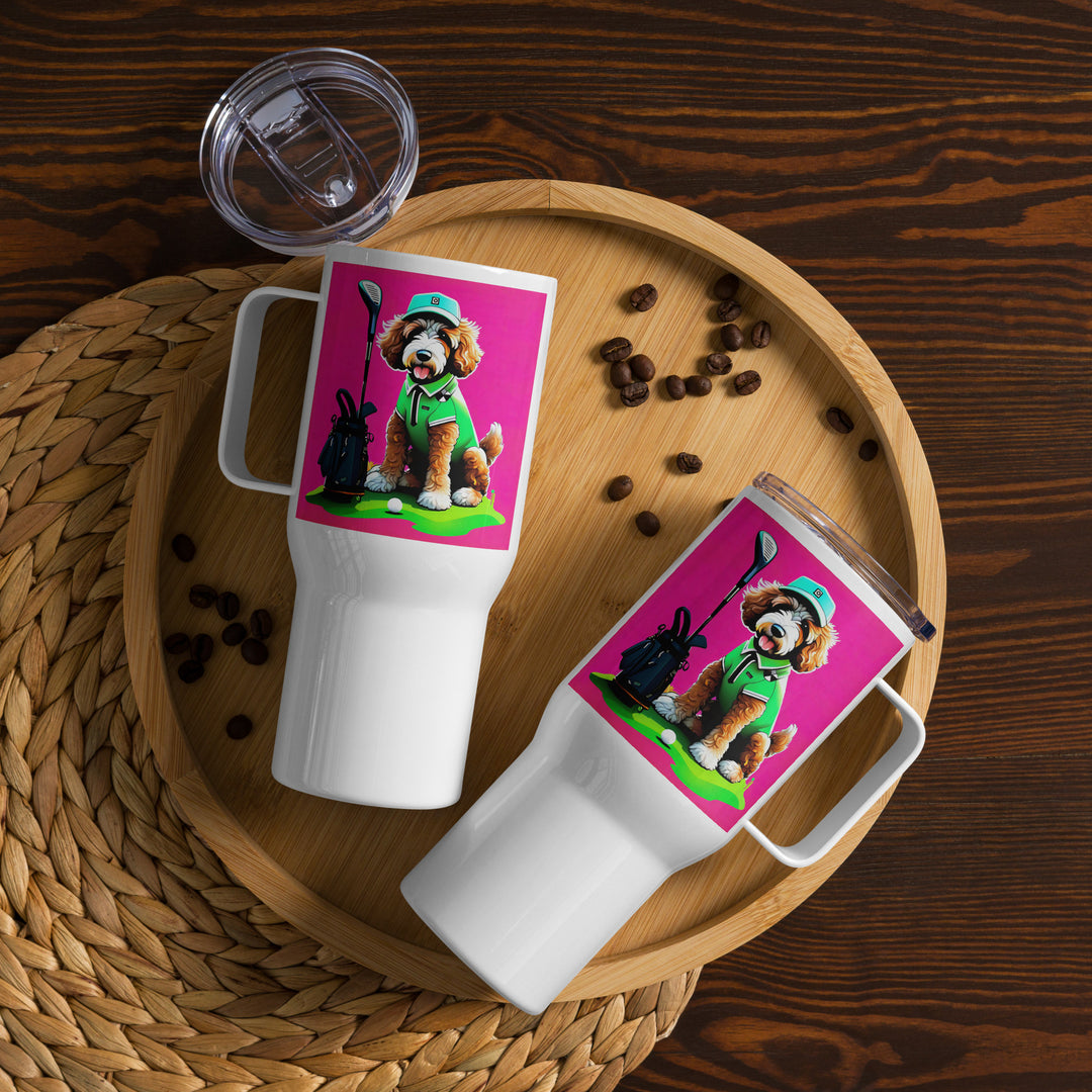 Bernedoodle Golfer- Travel mug with a handle v2