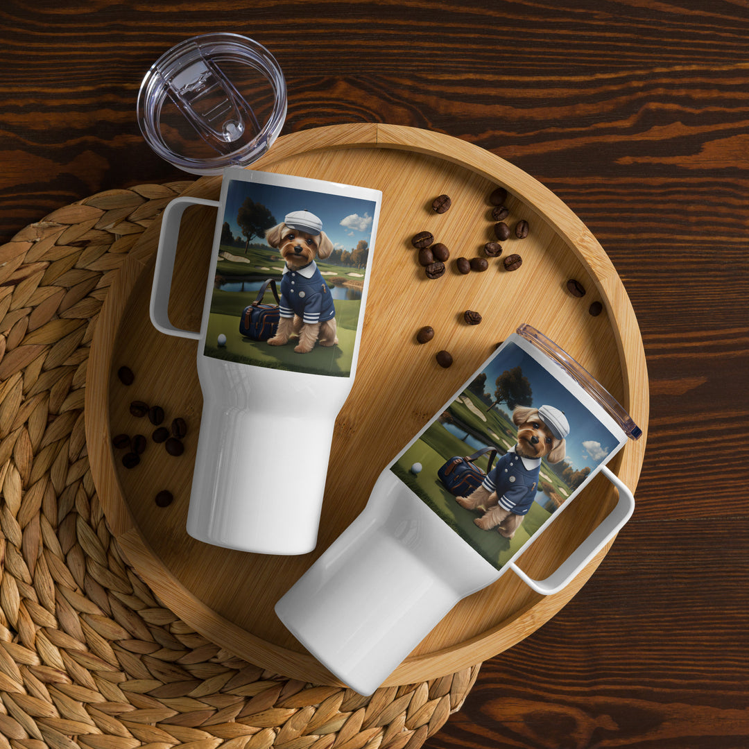 Yorkipoo Golfer- Travel mug with a handle v6