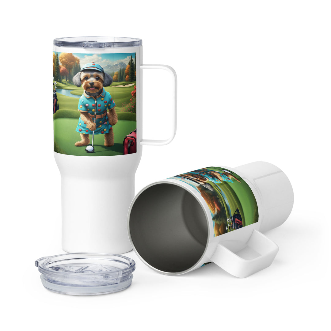Yorkipoo Golfer- Travel mug with a handle v8