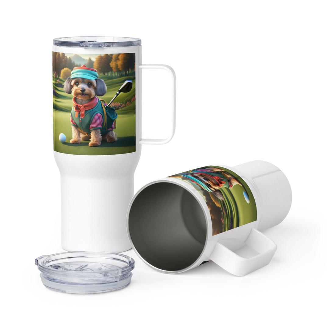 Yorkipoo Golfer- Travel mug with a handle v15