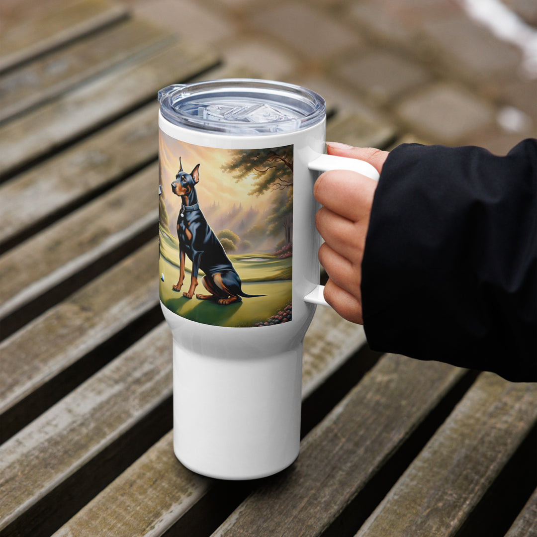Doberman Pinscher Golfer- Travel mug with a handle v3