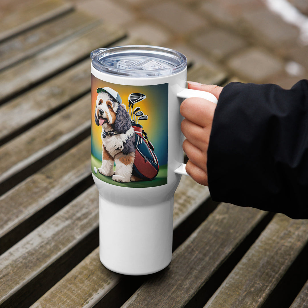 Bernedoodle Golfer- Travel mug with a handle v6