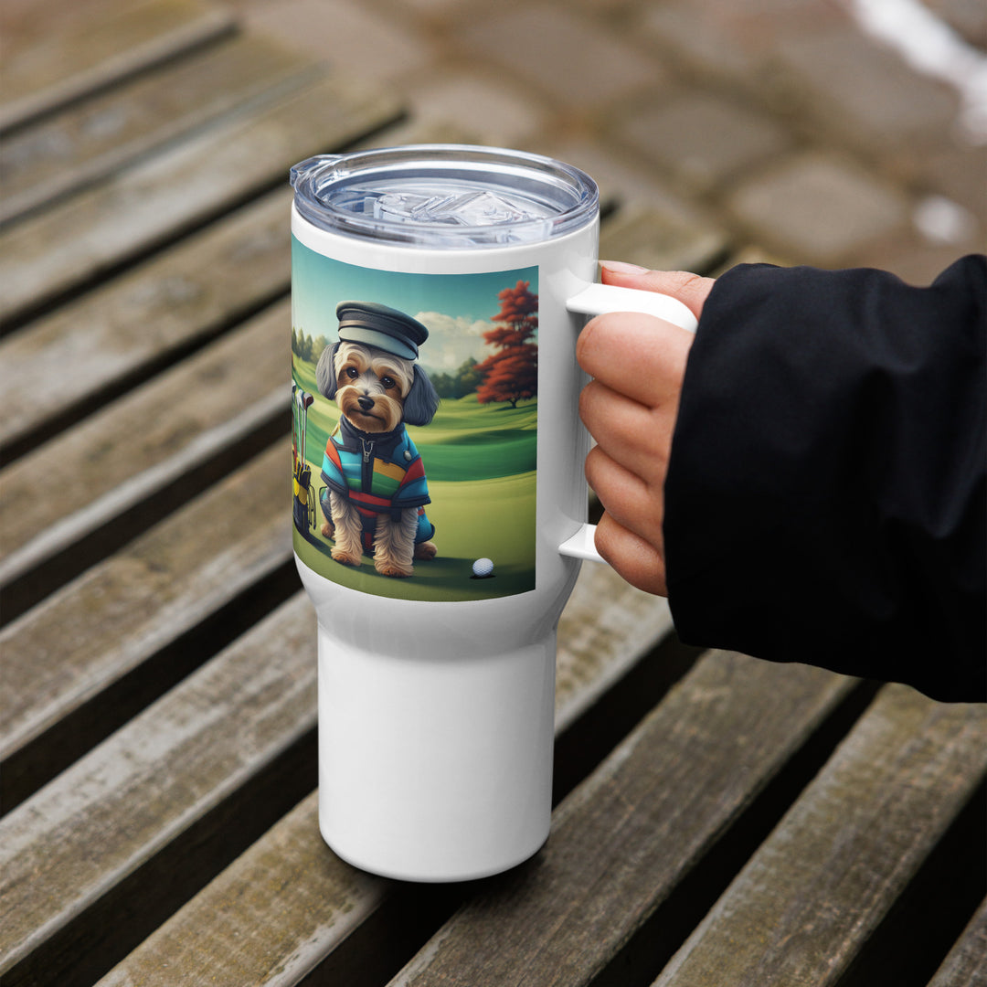 Yorkipoo Golfer- Travel mug with a handle v5