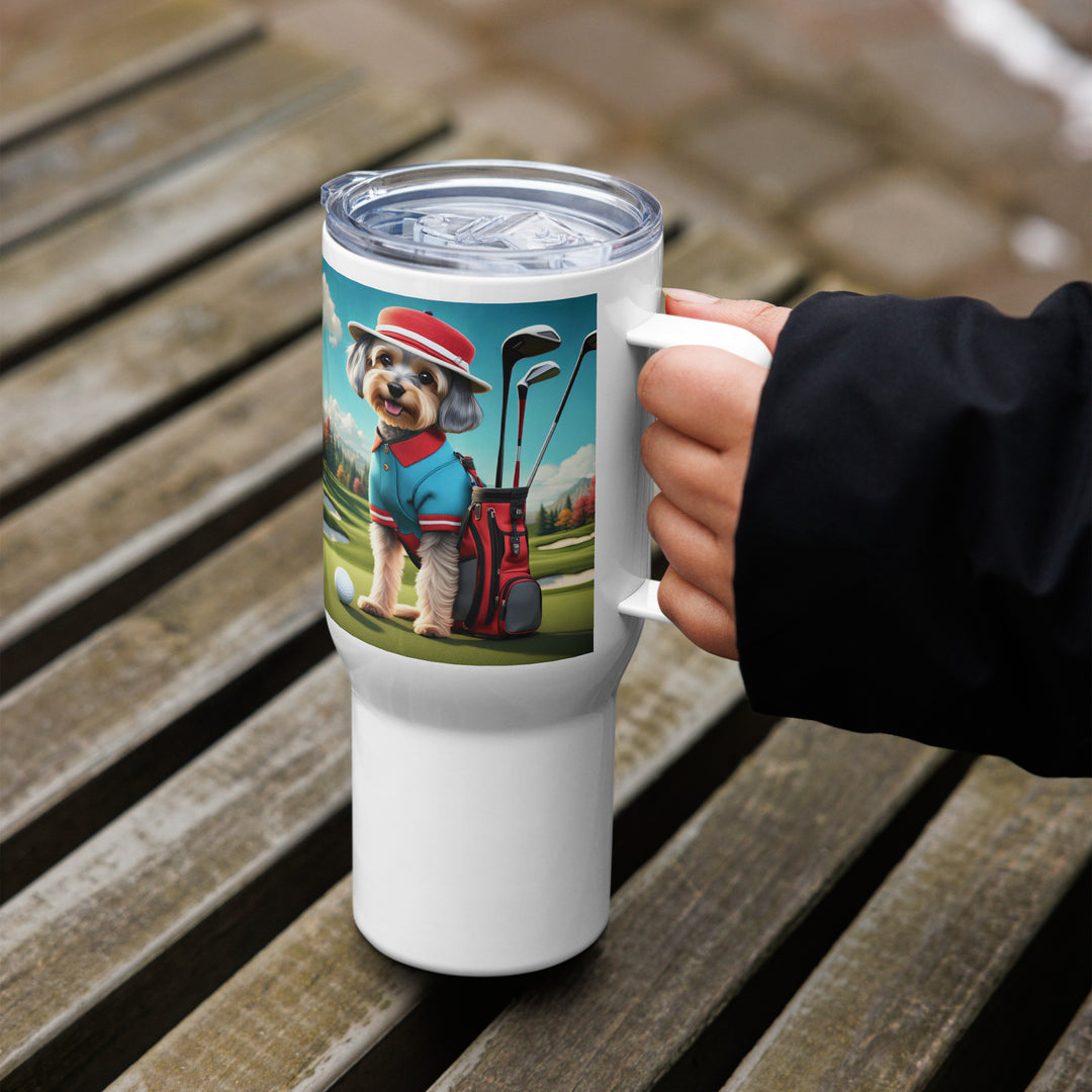 Yorkipoo Golfer- Travel mug with a handle v13