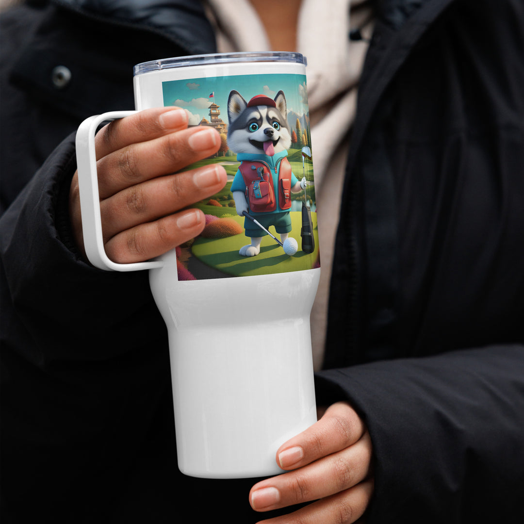 Pomsky Golfer- Travel mug with a handle v6