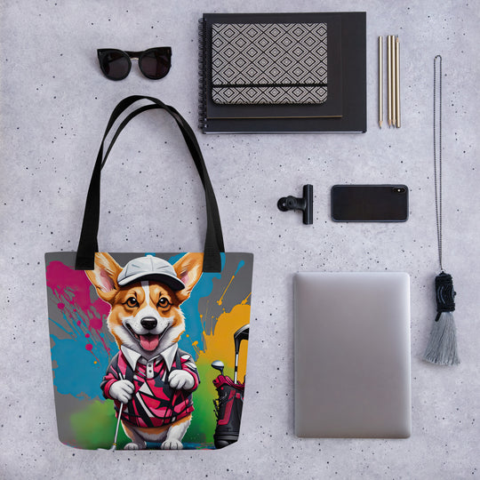 Tote bag-Pembroke Welsh Corgi Golfer