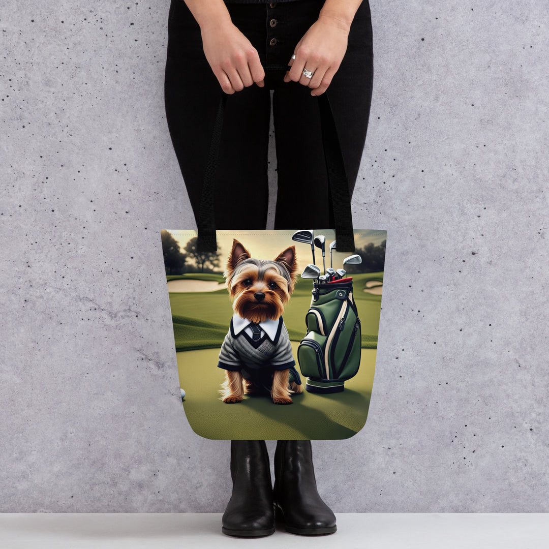 Tote bag-Yorkshire Terrier Golfer