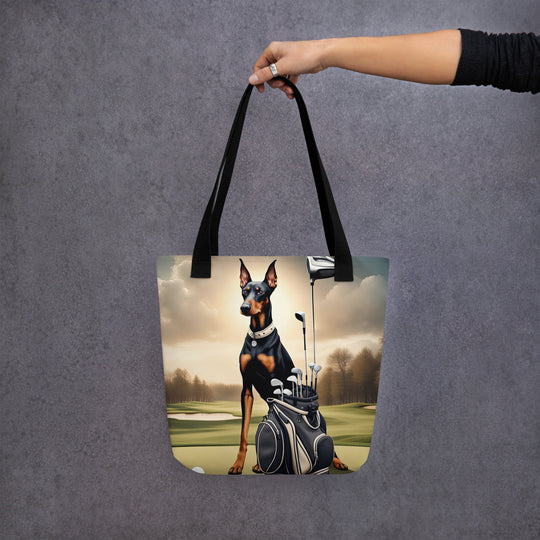 Tote bag-Doberman Pinscher Golfer