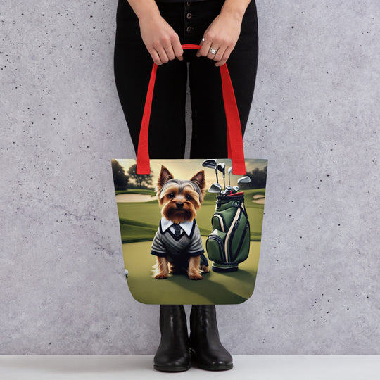 Tote bag-Yorkshire Terrier Golfer