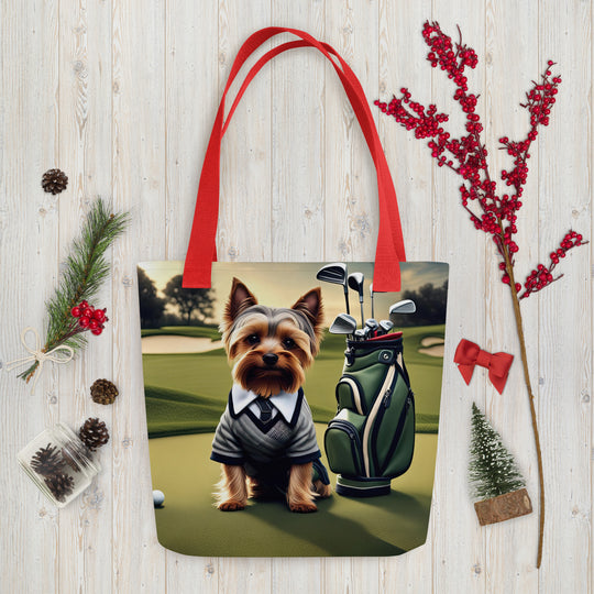 Tote bag-Yorkshire Terrier Golfer