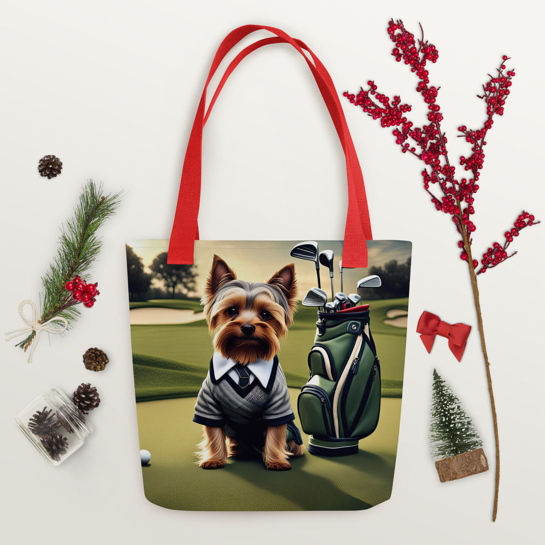 Tote bag-Yorkshire Terrier Golfer