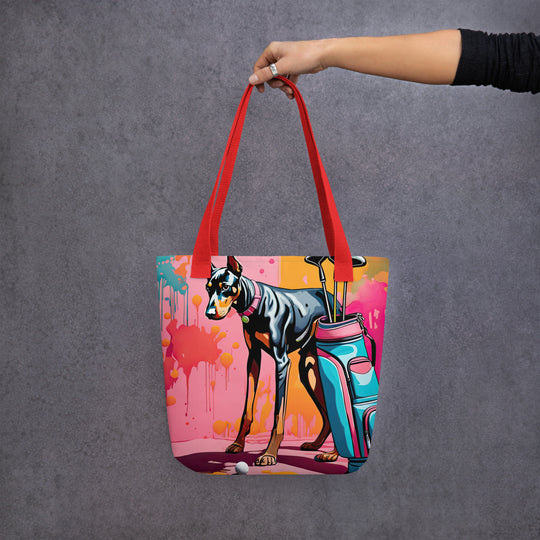 Tote bag-Doberman Pinscher Golfer V2