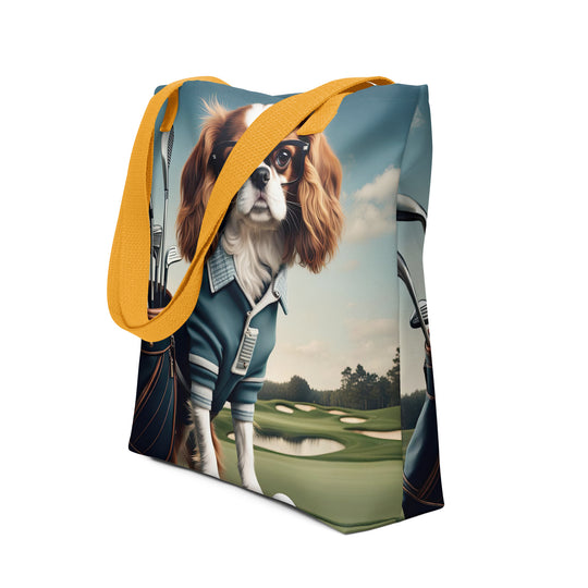 Tote bag-Cavalier King Charles Spaniel Golfer