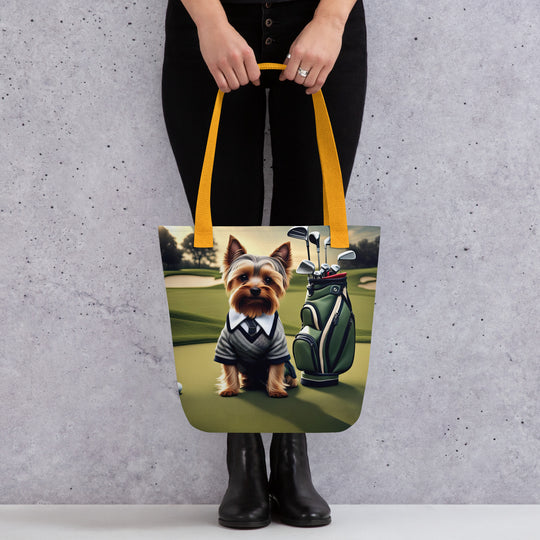 Tote bag-Yorkshire Terrier Golfer