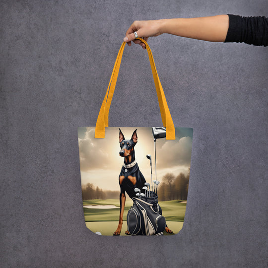 Tote bag-Doberman Pinscher Golfer