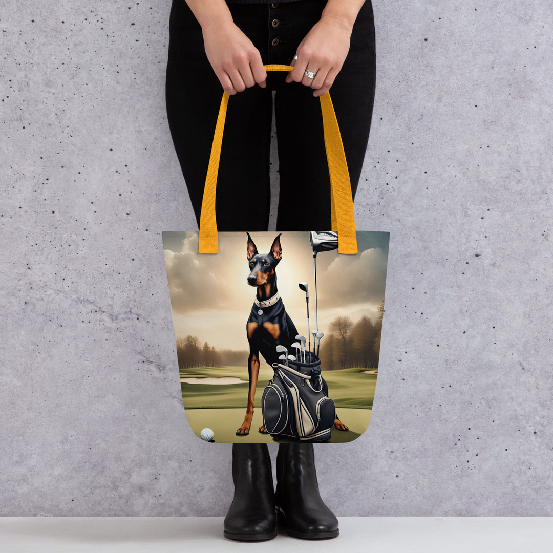 Tote bag-Doberman Pinscher Golfer