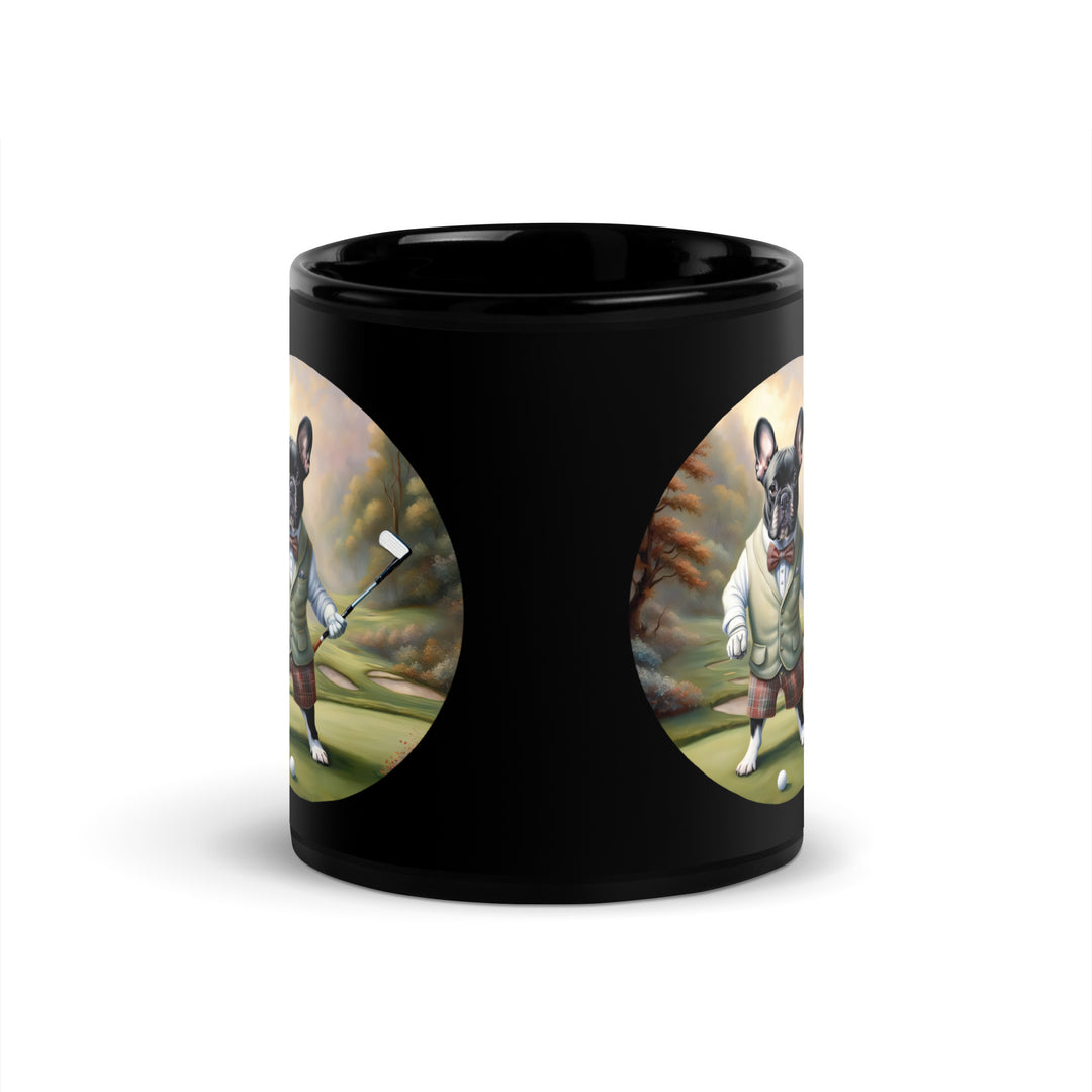 Black Glossy Mug-French Bulldog Golfer V6