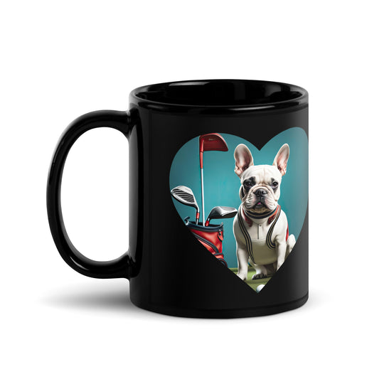 Black Glossy Mug-French Bulldog Golfer V2