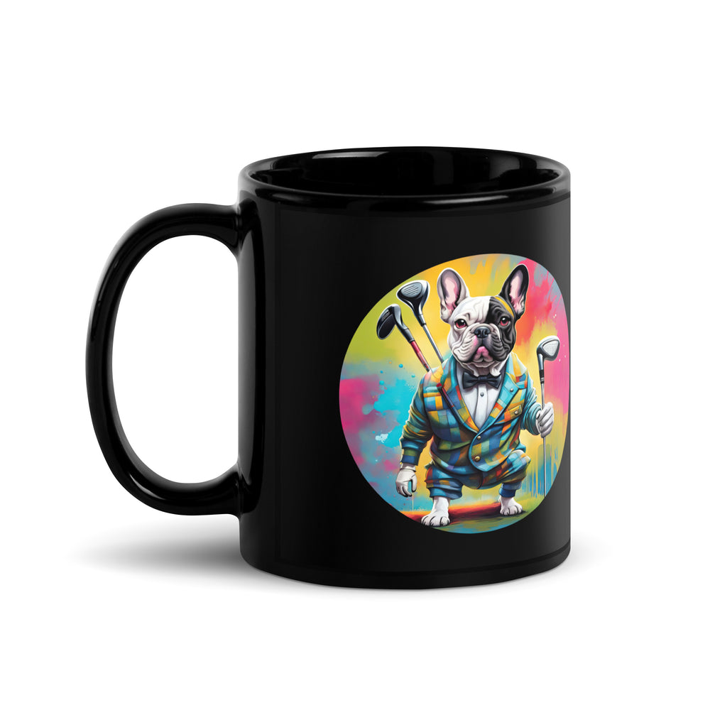 Black Glossy Mug-French Bulldog Golfer V4