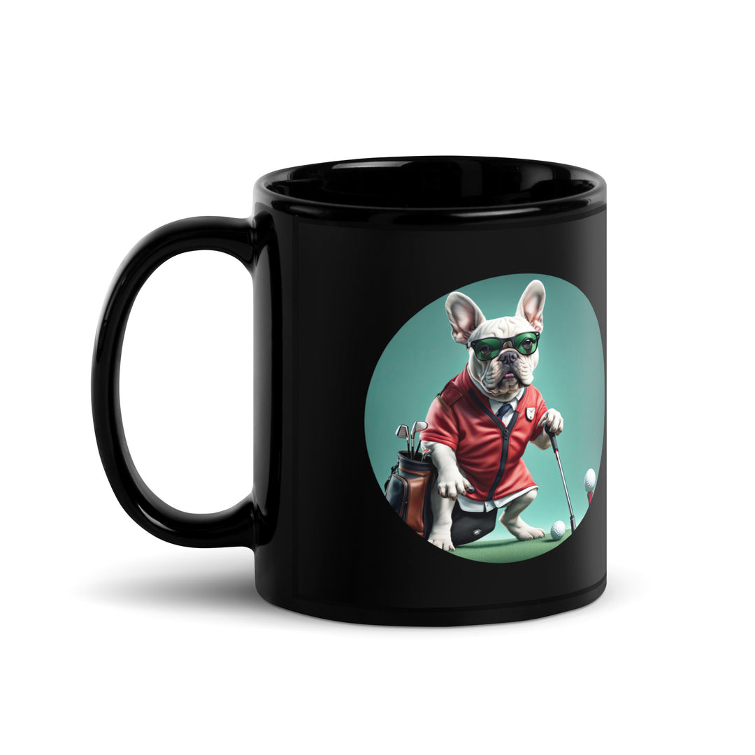 Black Glossy Mug-French Bulldog Golfer V5