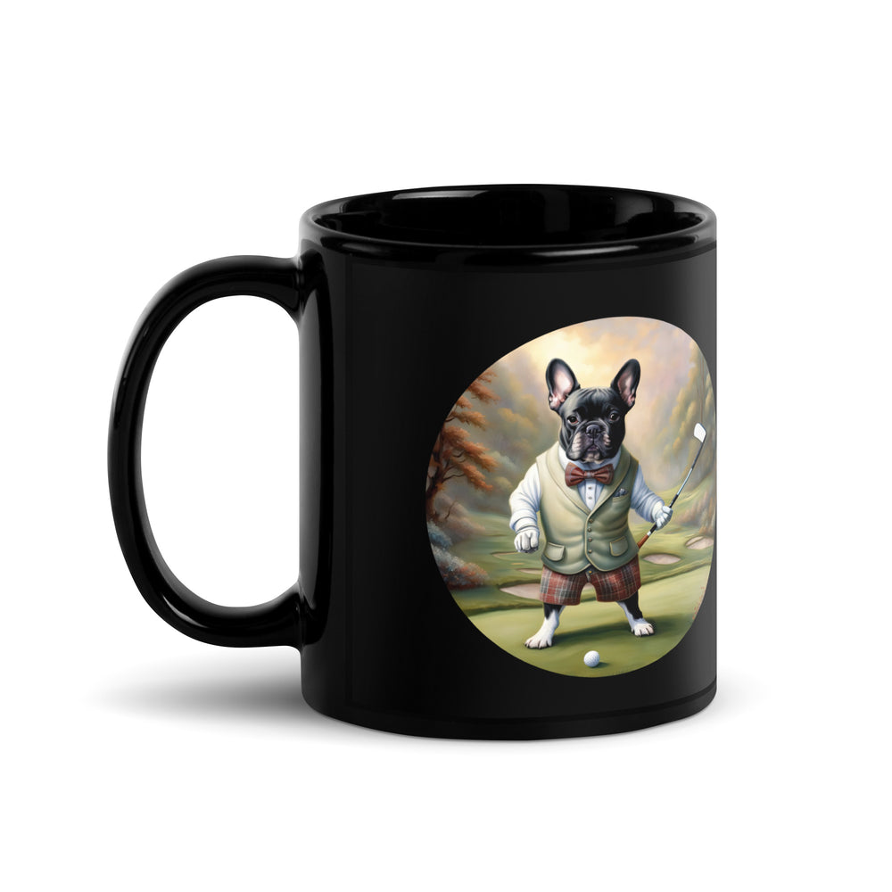 Black Glossy Mug-French Bulldog Golfer V6