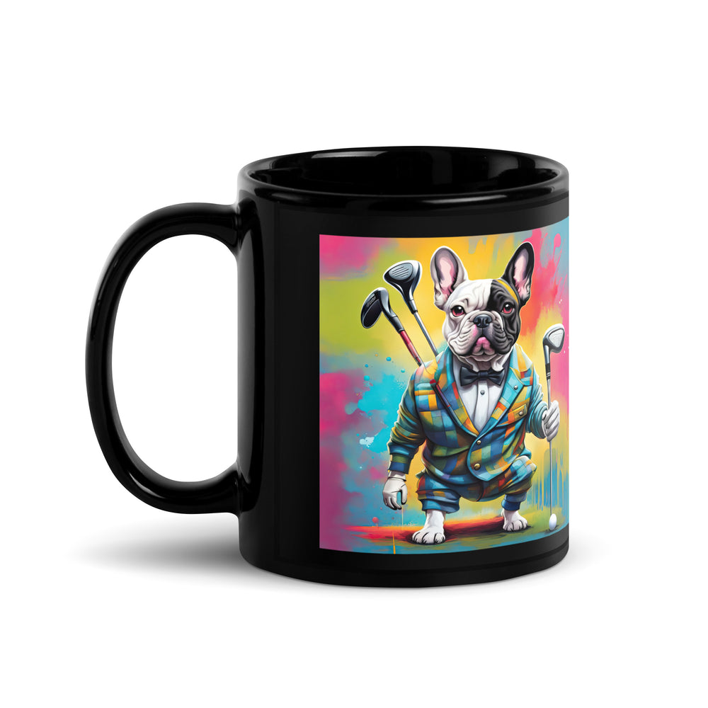 Black Glossy Mug-French Bulldog Golfer V7