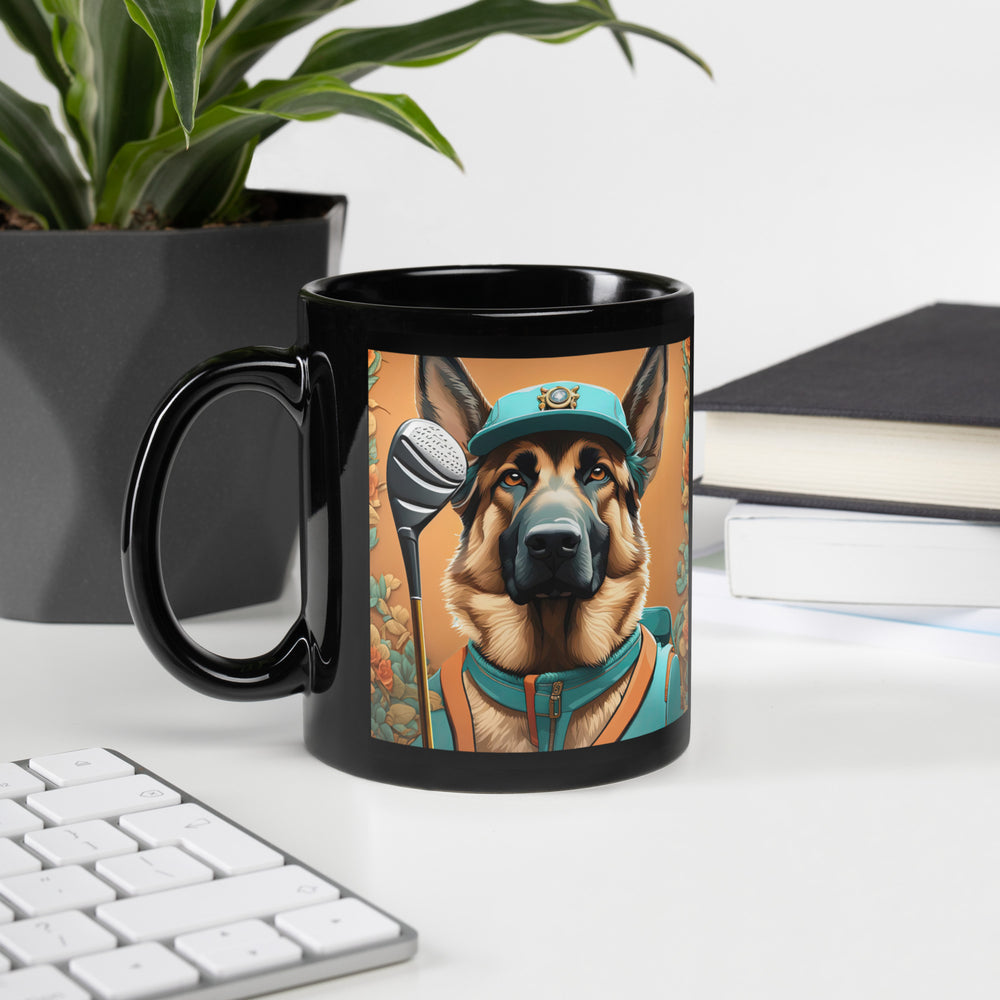 German Shepherd Golfer- Black Glossy Mug