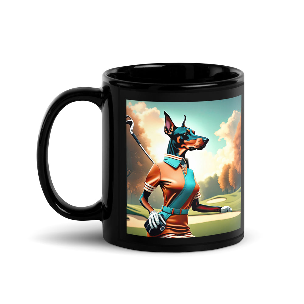 Doberman Pinscher Golfer- Black Glossy Mug