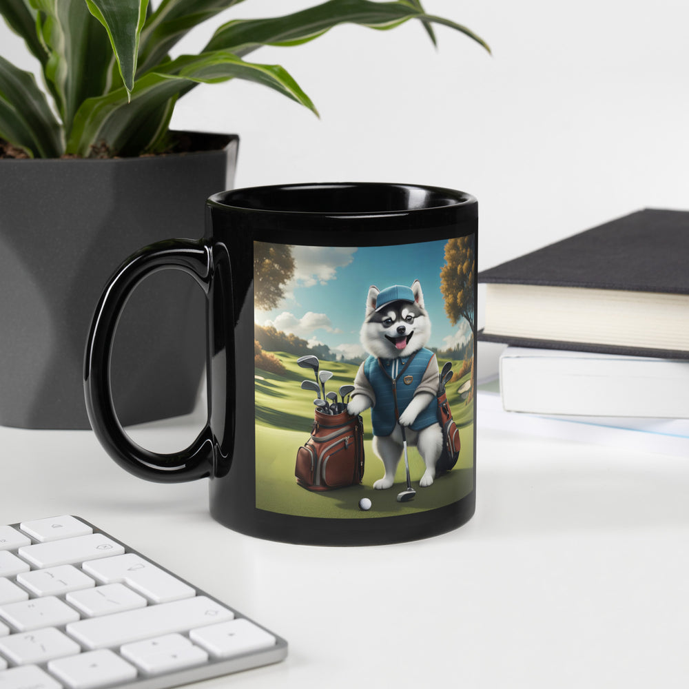 Pomsky Golfer- Black Glossy Mug v9