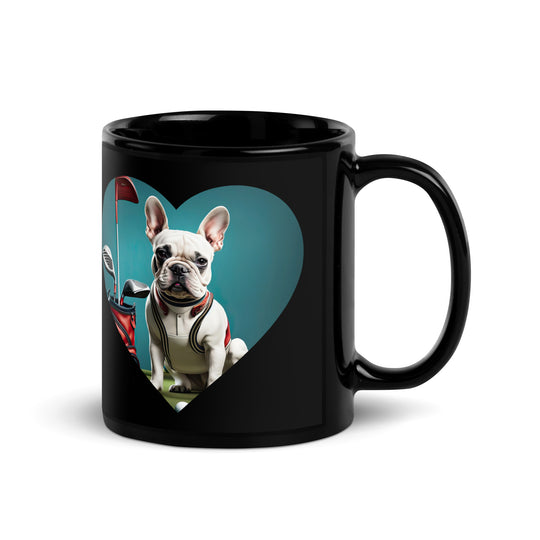 Black Glossy Mug-French Bulldog Golfer V2