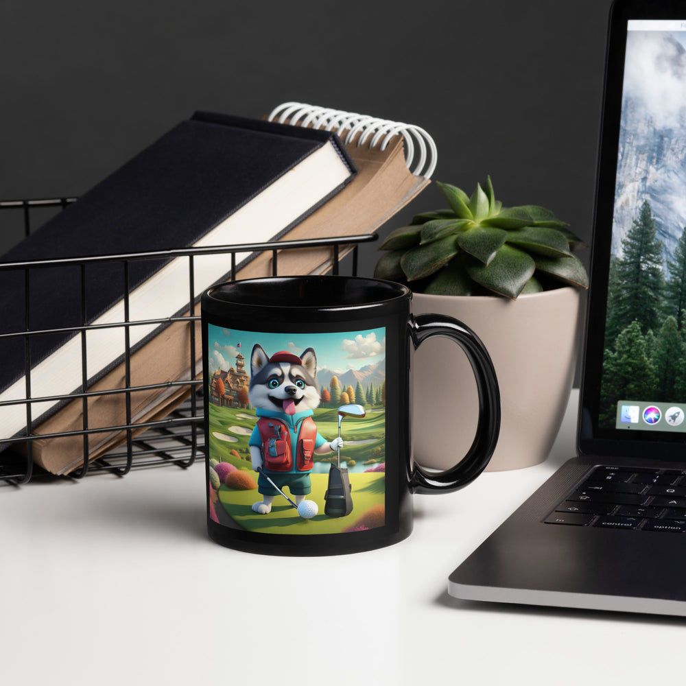 Pomsky Golfer- Black Glossy Mug v6