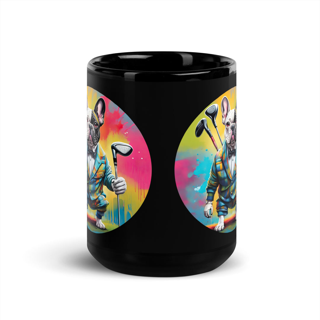 Black Glossy Mug-French Bulldog Golfer V4